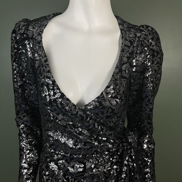 Reformation Long Sleeve Sequins Wrap Cocktail Party Mini Dress XS Black - Picture 3 of 15